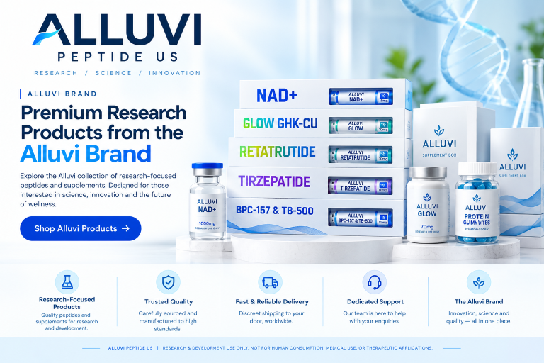 Alluvi Peptide US research products including NAD+, GHK-CU Glow, Retatrutide, Tirzepatide, and BPC-157 & TB-500 displayed in branded packaging.