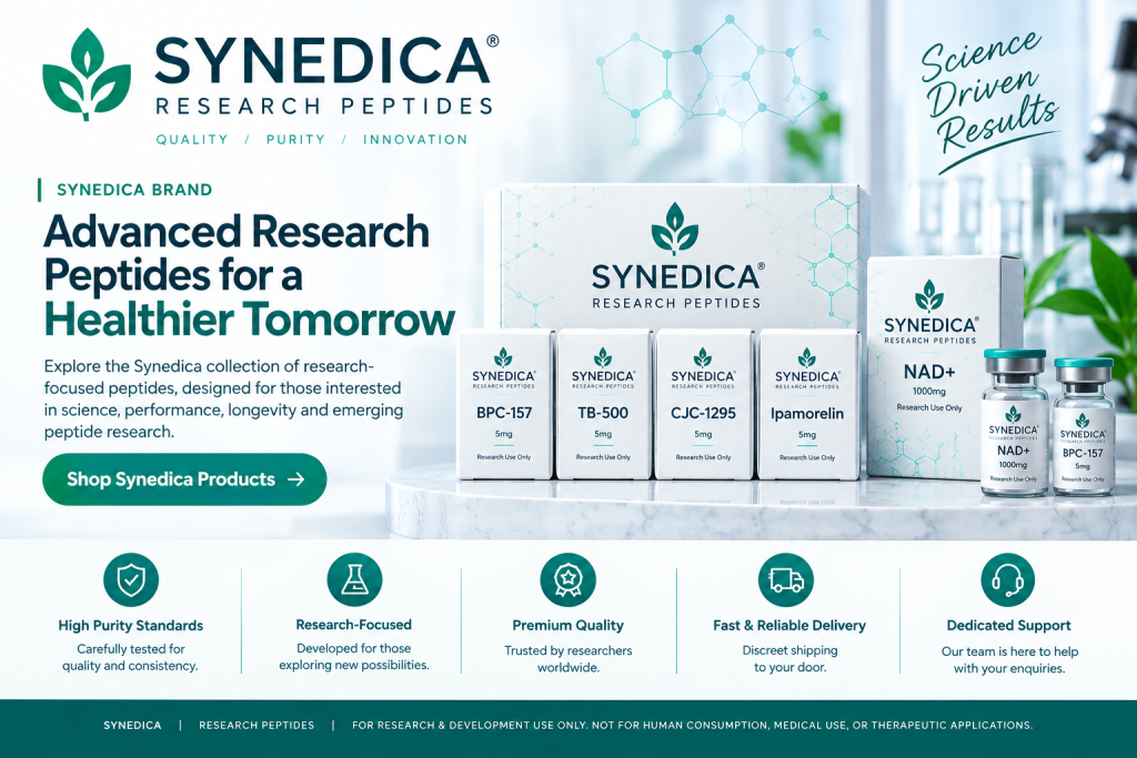 Synedica research peptides including BPC-157 TB-500 CJC-1295 Ipamorelin and NAD+